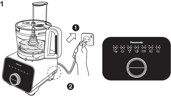 Diagram showing a blender being connected to a fan with a power switch, alongside the Panasonic microwave oven.