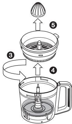 Diagram illustrating the step-by-step assembly of a kitchen appliance with labeled parts and directional arrows.