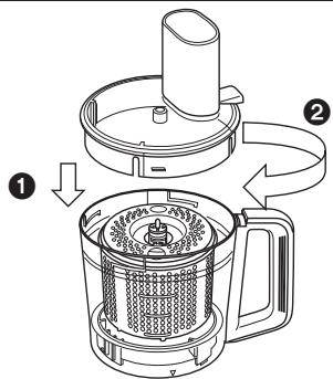 Technical diagram of a blender with labeled parts and directional arrows indicating process flow