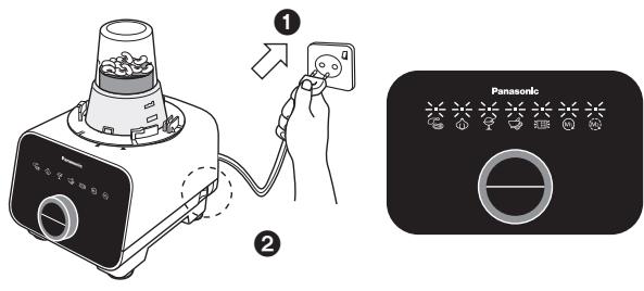 Diagram showing a blender being connected to a power outlet via a switch, with a Panasonic air conditioner panel nearby.