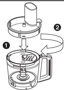 Diagram of a food blender with labeled parts and directional arrows indicating processing steps
