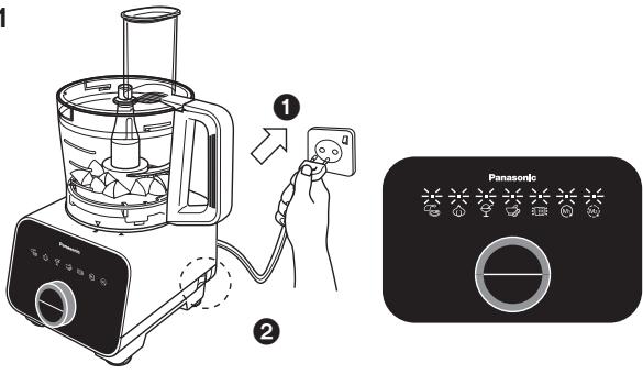 Diagram showing a blender being connected to a Panasonic air conditioner via a power switch, with labeled steps and icons.
