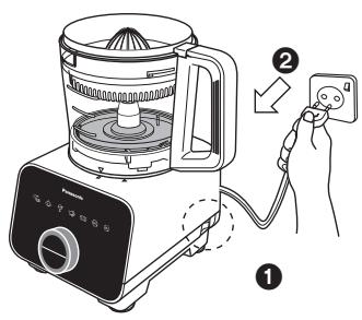 Diagram showing a food blender with labeled parts and a hand inserting a plug to the right pan.