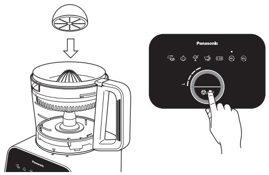 Diagram showing a blender being processed with a fan blade and a Panasonic air conditioner control panel, accompanied by a hand interacting with the screen.