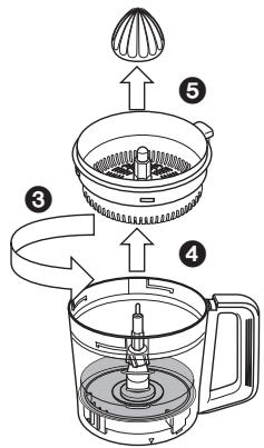 Diagram illustrating the step-by-step assembly of a kitchen appliance with labeled parts and directional arrows.