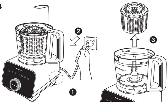 Diagram showing three-step cooking process of a blender with labeled parts and step indicators