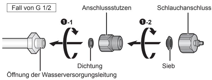 Fall von G 1/2 Öffnung der Wasserversorgungsleitung Anschlussstutzen Dichtung ①-1 ①-2 Sieb Schlauchanschluss