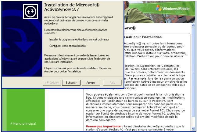 HP IPAQ H6300 - Lorsque la fenêtre Installation de Microsoft ActiveSync 3.7.1 s'affiche, suivez les instructions à l'écran pour terminer l'installation. - 1