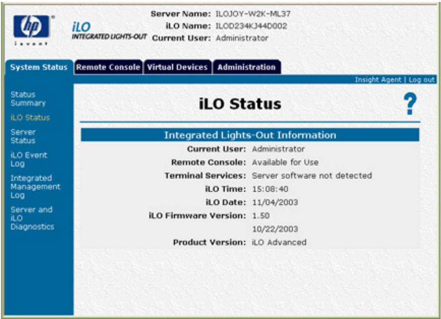 HP INTEGRATED LIGHTS-OUT (ILO) STANDARD FIRMWARE - iLO Status (État de la carte iLO) - 1
