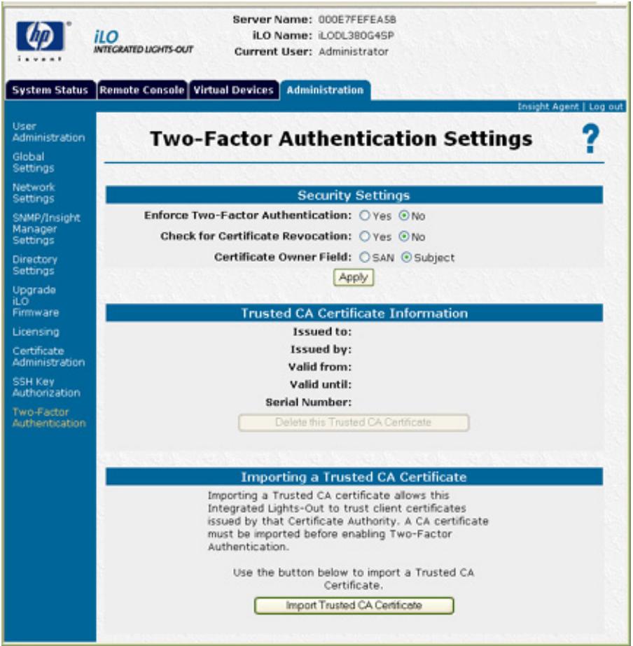 HP INTEGRATED LIGHTS-OUT (ILO) STANDARD FIRMWARE - Two-Factor Authentication Settings (Paramètres d'authentication à deux facteurs) - 1