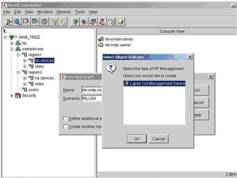 HP INTEGRATED LIGHTS-OUT (ILO) STANDARD FIRMWARE - Exemple : Création et configuration d'objets d'annuaire destinés à être utilisés avec les périphériques LOM dans eDirectory - 2