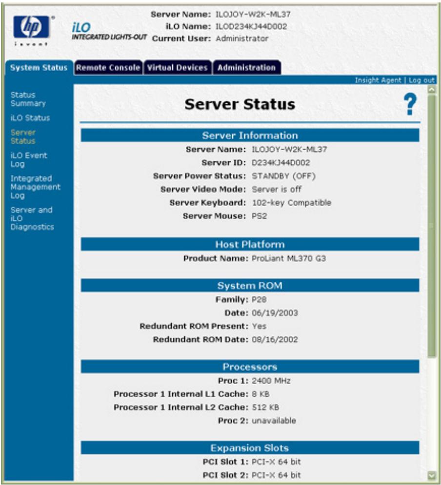 HP INTEGRATED LIGHTS-OUT (ILO) STANDARD FIRMWARE - Server Status (État du serveur) - 1