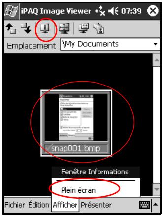 iPAQ Image Viewer 07:39 Emplacement \My Documents snap001.bmp Fenêtre Informations Plein écran Fichier Édition Afficher Présenter