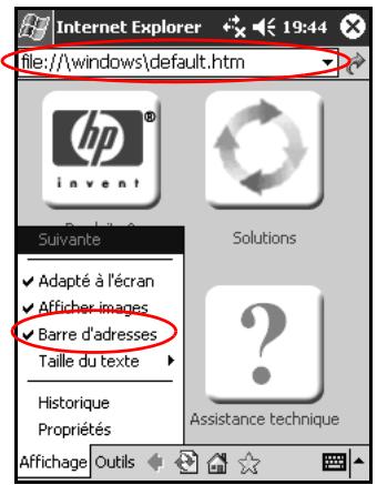 Internet Explorer file:///windows\default.htm Suivante Adapté à l'écran Afficher images Barre d'adresses Taille du texte Historique Propriétés Affichage Outils