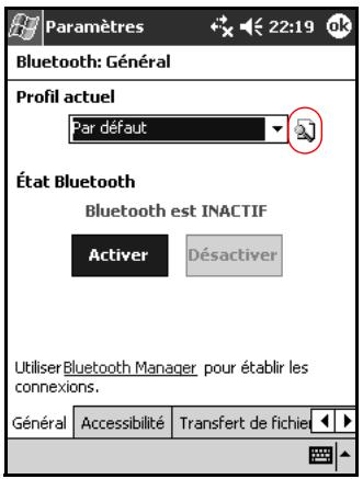 Paramètres 22:19 ok Bluetooth: Général Profil actuel Par défaut État Bluetooth Bluetooth est INACTIF Activer Désactiver Utiliser Bluetooth Manager pour établir les connexions. Général Accessibilité Transfert de fichie