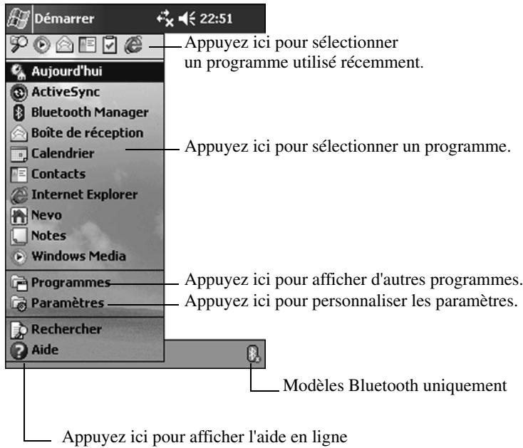 Démarrer 22:51 Appuyez ici pour sélectionner un programme utilisé récemment. Aujourd'hui ActiveSync Bluetooth Manager Boîte de réception Calendrier Contacts Internet Explorer Nevo Notes Windows Media Programmes Paramètres Rechercher Aide Appuyez ici pour sélectionner un programme. Appuyez ici pour afficher d'autres programmes. Appuyez ici pour personnaliser les paramètres. Modèles Bluetooth uniquement Appuyez ici pour afficher l'aide en ligne