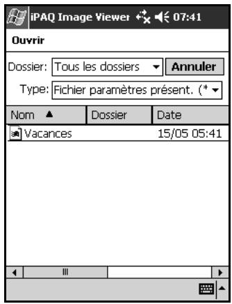 iPAQ Image Viewer 07:41 Ouvrir Dossier: Tous les dossiers Annuler Type: Fichier paramètres présent. (*▼ Nom ▲ Dossier Date Vacances 15/05 05:41