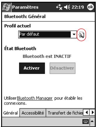 Paramètres 22:19 ok Bluetooth: Général Profil actuel Par défaut État Bluetooth Bluetooth est INACTIF Activer Désactiver UtiliserBluetooth Manager pour établir les connexions. Général Accessibilité Transfert de fichie
