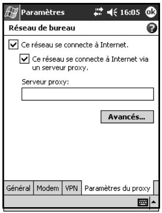 Paramètres 16:05 ok Réseau de bureau Ce réseau se connecte à Internet. Ce réseau se connecte à Internet via un serveur proxy. Serveur proxy: Avancés... Général Modem VPN Paramètres du proxy