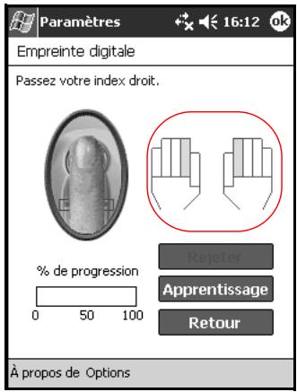 Paramètres 16:12 ok Empreinte digitale Passez votre index droit. % de progression 0 50 100 Rejeter Apprentissage Retour À propos de Options
