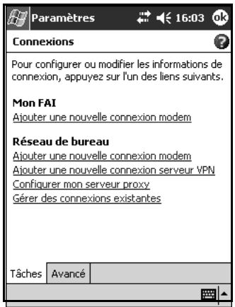 Paramètres 16:03 ok Connexions Pour configurer ou modifier les informations de connexion, appuyez sur l'un des liens suivants. Mon FAI Ajouter une nouvelle connexion modem Réseau de bureau Ajouter une nouvelle connexion modem Ajouter une nouvelle connexion serveur VPN Configurer mon serveur proxy Gérer des connexions existantes Tâches Avancé