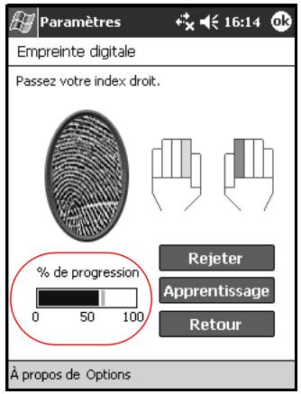 Paramètres Empreinte digitale Passez votre index droit. % de progression 0 50 100 Rejeter Apprentissage Retour À propos de Options