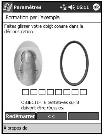 Paramètres 16:11 ok Formation par l'exemple Faites glisser votre doigt comme dans la démonstration OBJECTIF: 6 tentatives sur 8 doivent être réussies. Redémarrer << >> À propos de