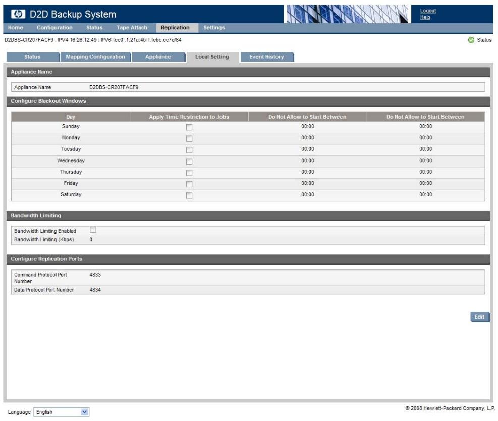 HP STORAGEWORKS D2D4000 BACKUP SYSTEM - Paramètres locaux (Réplication) - 1