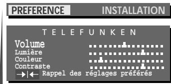 PREFERENCE INSTALLATION TELEFUNKEN Volume Lumière Couleur Contraste →← Rappel des réglages préférés