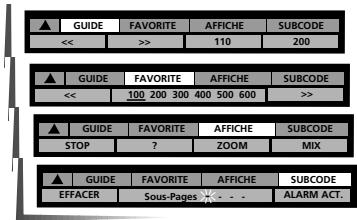 GUIDE FAVORITE AFFICHE SUBCODE << >> 110 200 GUIDE FAVORITE AFFICHE SUBCODE << 100 200 300 400 500 600 >> GUIDE FAVORITE AFFICHE SUBCODE STOP ? ZOOM MIX GUIDE FAVORITE AFFICHE SUBCODE EFFACER Sous-Pages ALARM ACT.