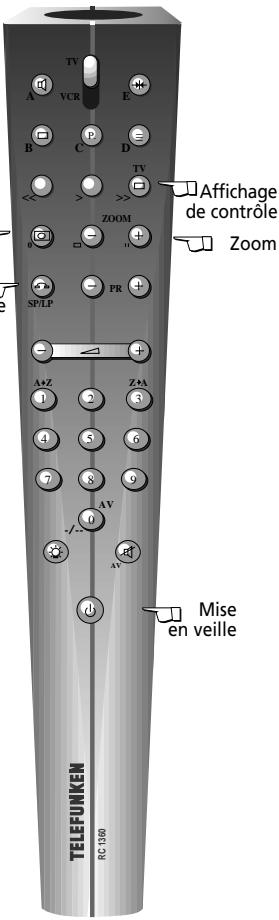 TV A VCR E B C D << >> TV OFFICHAGE de contrôle Zoom SP/LP FR + 4 A+Z Z+A 1 2 3 4 5 6 7 8 9 0 AV AV Mise en veille TELEFUNKEN RC 1300