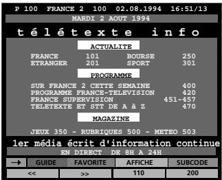 P 100 FRANCE 2 100 02.08.1994 16:51/13 NARDZ 2 AOUT 1994 télétexte info AQUALITE FRANCE 101 BOURSE 250 ETRANGER 201 SPORT 301 PROGRAMME SUR FRANCE 2 CETTE SEMAINE 400 PROGRAMME FRANCE-TELEVISION 420 FRANCE SUPERVISION 451-457 TELETEXTE ET STT DE A à Z 470 MAGAZINE JEUX 350 - RUBRIQUES 500 - METEO 503 ler média écrit d'information continue EN DIRECT DE 8H A 24H → GUIDE FAVORITE AFFICHE SUBCODE << >> 110 200