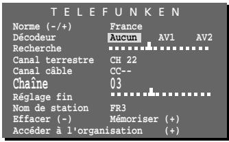 TELEFUNKEN Norme (-/+) France Décodeur Aucun AV1 AV2 Recherche Canal terrestre CH 22 Canal câble CC-- Chaîne 03 Réglage fin Nom de station FR3 Effacer (-) Mémoriser (+) Accéder à l'organisation (+)