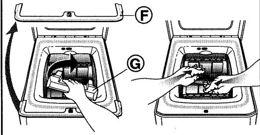 Diagram illustrating a food cleaning or packaging process with labeled parts F and G, showing hand positioning and assembly steps.
