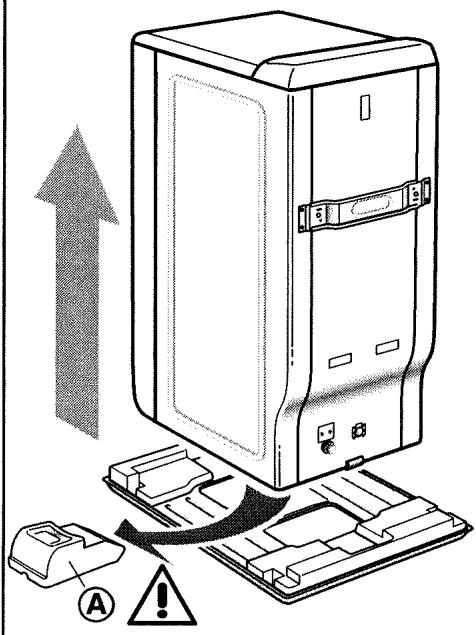 Diagram illustrating the installation of a desktop computer tower with warning labels and an upward arrow indicating motion.