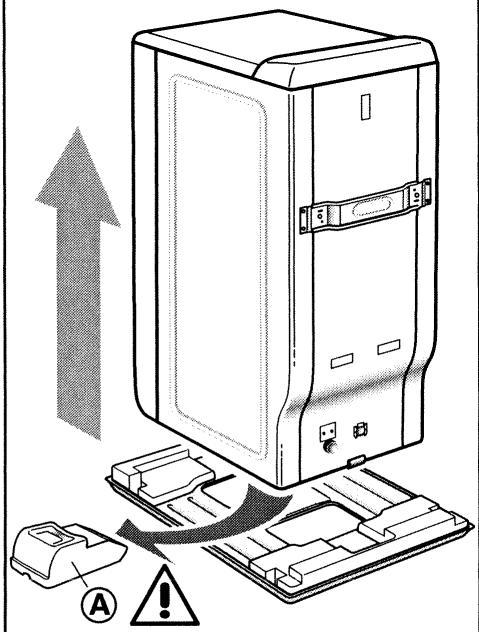 Diagram illustrating a device's internal structure with an upward arrow and warning symbol, labeled with 'A' and '!'