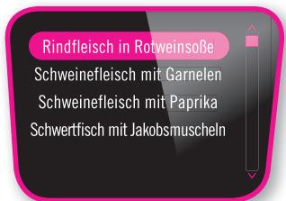 Rindfleisch in Rotweinsoße Schweinefleisch mit Garnelen Schweinefleisch mit Paprika Schwertfisch mit Jakobsmuscheln