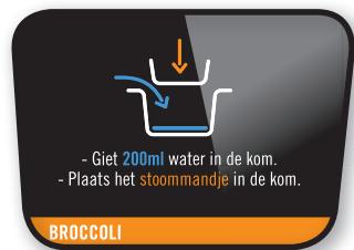 - Giet 200ml water in de kom. - Plaats het stoommandje in de kom. BROCCOLI