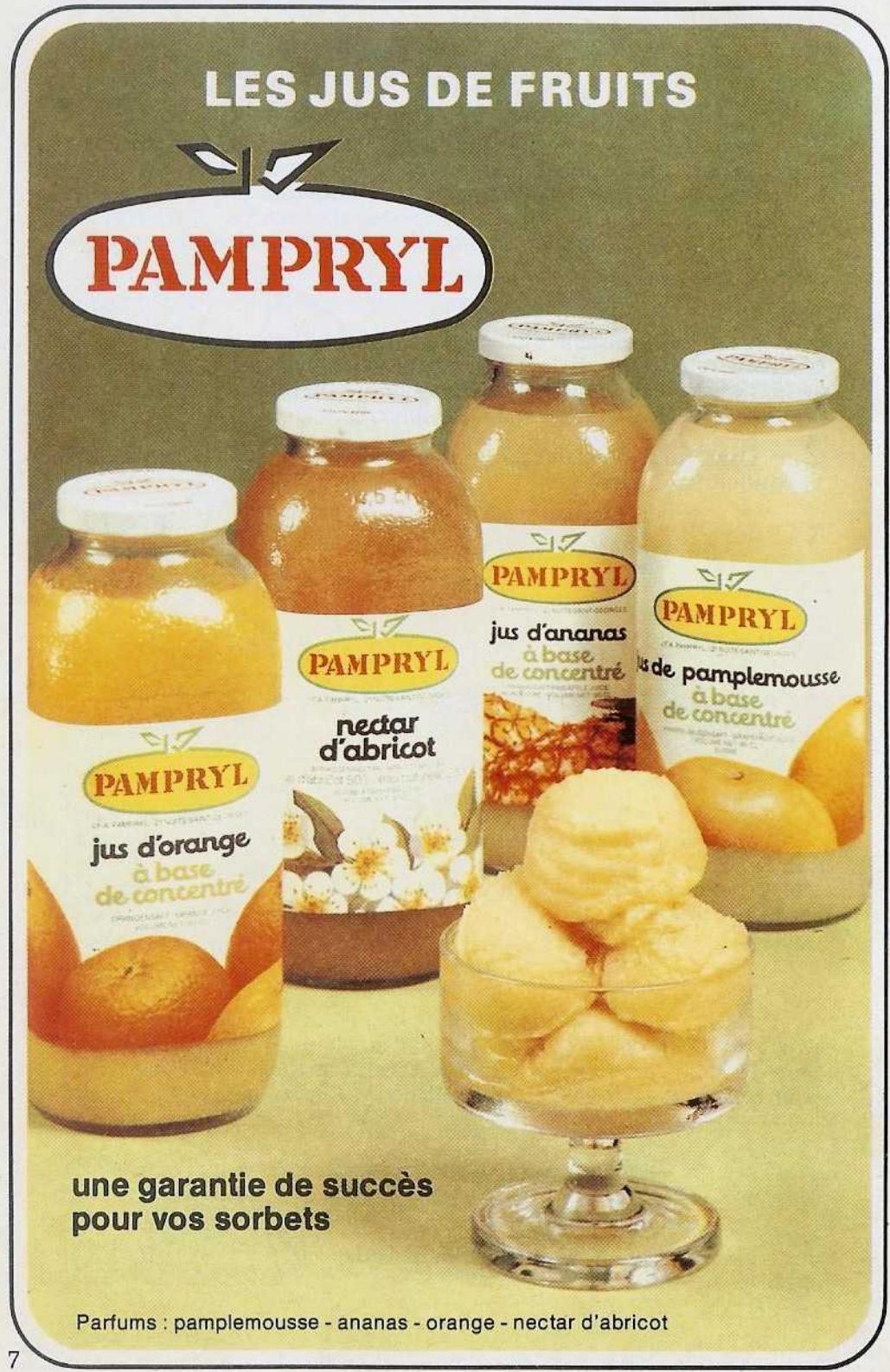 LES JUS DE FRUITS PAMPRYL PAMPRYL jus d'orange à base de concentré nectar d'abricot PAMPRYL jus d'ananas à base de concentré PAMPRYL jus de pamplemousse à base de concentré une garantie de succès pour vos sorbets Parfums : pamplemousse - ananas - orange - nectar d'abricot