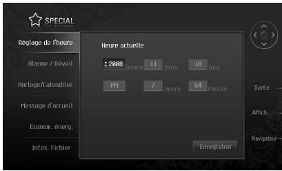 Réglope de l'heure Alarme / Révoil Horloge/Calendrier Message d'accueil Econom. énerg. Infos. Fichier Heure actuelle 2 2888 Année 11 Mais 18 Hour PPI 7 Heure 54 Minute Enregistrer Sorte Affich... Navigateur