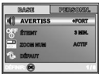BASE PERSONN. AVERTISS +PORT OFF ÉTENT 3 MIN. ZOOM MUN ACTIF DÉFAUT DÉFNIIR: 1/8