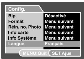 Config. Bip Désactivé Format Menu suivant Réin. no. Photo Menu suivant Info carte Menu suivant Info Système Menu suivant Langue Français MENU:Quit SET:Ajus
