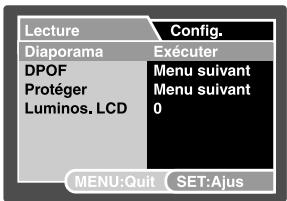 Lecture Config. Diaporama Exécuter DPOF Menu suivant Protéger Menu suivant 0 Luminos. LCD MENU:Quit SET:Ajus