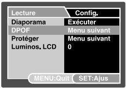 Lecture Config. Diaporama Exécuter DPOF Menu suivant Protéger Menu suivant 0 Luminos. LCD MENU:Quit SET:Ajus