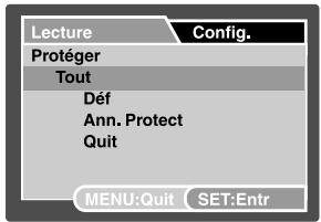 Lecture Protéger Tout Déf Ann. Protect Quit Config. MENU:Quit SET:Entr