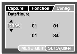 Capture Date/Heure 2005 01 01 34 MENU:Quit SET:Ajuster