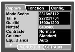 Capture Fonction Config. Mode Scène 2816x2112 Taille 2272x1704 Qualité 1600x1200 Netteté 640x480 Contraste Normale Couleur Standard Equ. Blancs Auto MENU:Quit SET:Ajus