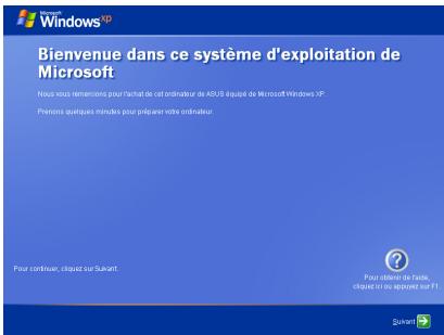 Windows® Bienvenue dans ce système d'exploitation de Microsoft Nous vous remercions pour l'achat de cet ordinateur de AOSB équipé de Microsoft Windows XP Prénions qualiques minérés pour préparer votre ordinateur Pour continuer, cliquet sur Subvent Pour d'écrivier de contrôle, chiquet et des approvants sur F1 Quixant
