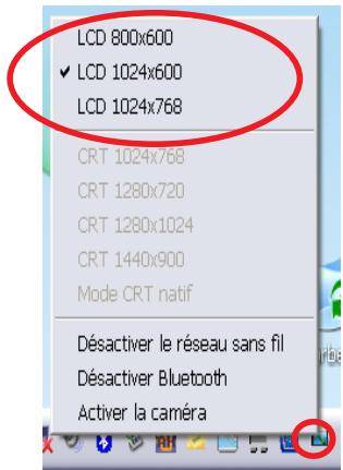 LCD 800x600 ✓ LCD 1024x600 LCD 1024x768 CRT 1024x768 CRT 1280x720 CRT 1280x1024 CRT 1440x900 Mode CRT natif Désactiver le réseau sans fil Désactiver Bluetooth Activer la caméra