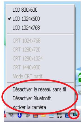 LCD 800x600 ✓ LCD 1024x600 LCD 1024x768 CRT 1024x768 CRT 1280x720 CRT 1280x1024 CRT 1440x900 Mode CRT natif Désactiver le réseau sans fil Désactiver Bluetooth Activer la caméra